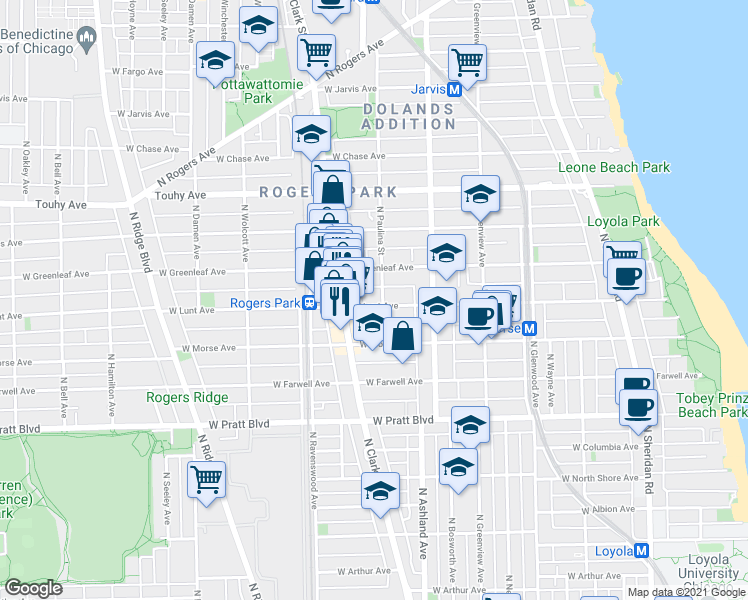 map of restaurants, bars, coffee shops, grocery stores, and more near 1642 West Lunt Avenue in Chicago