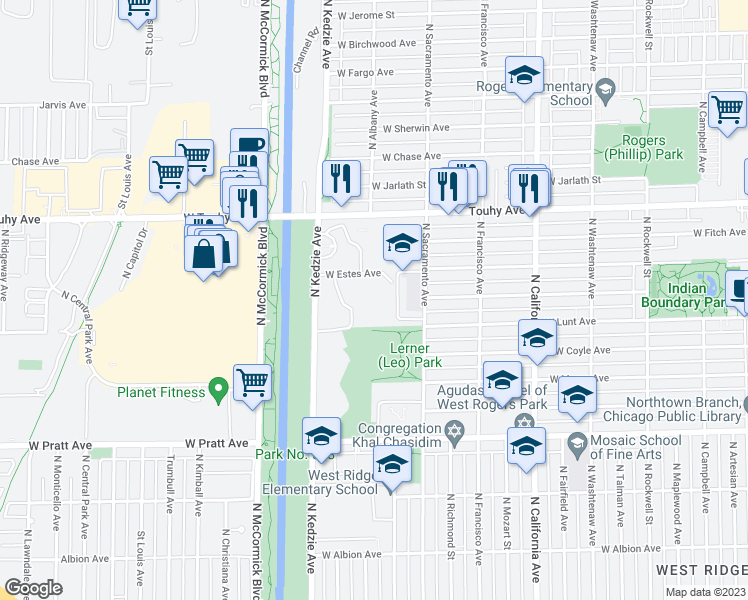 map of restaurants, bars, coffee shops, grocery stores, and more near 7061 North Kedzie Avenue in Chicago