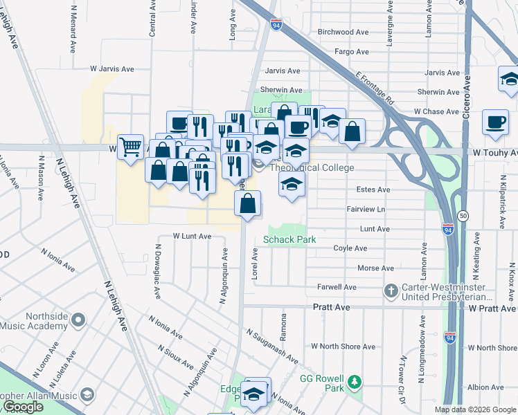 map of restaurants, bars, coffee shops, grocery stores, and more near 7017 Lorel Avenue in Skokie