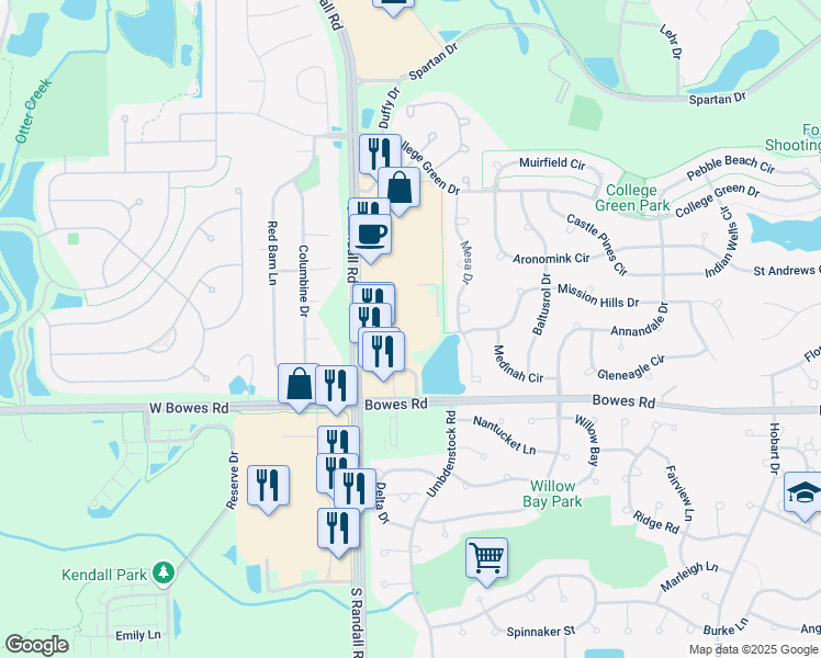 map of restaurants, bars, coffee shops, grocery stores, and more near 825 South Randall Road in Elgin