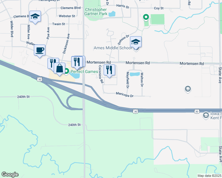 map of restaurants, bars, coffee shops, grocery stores, and more near 4335 Maricopa Drive in Ames