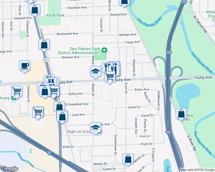 map of restaurants, bars, coffee shops, grocery stores, and more near 2422 Birch Street in Des Plaines