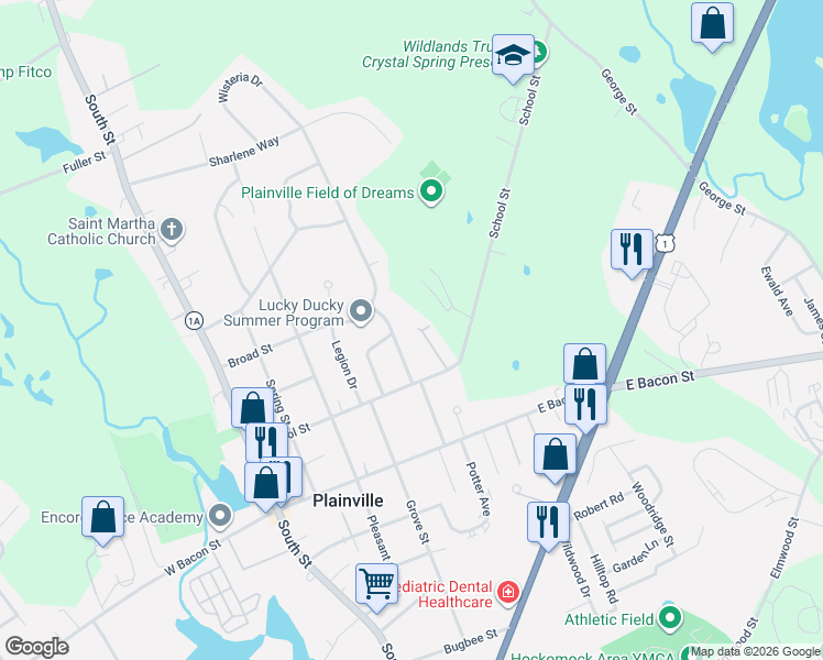 map of restaurants, bars, coffee shops, grocery stores, and more near 10 Crestwood Avenue in Plainville