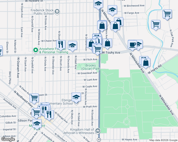 map of restaurants, bars, coffee shops, grocery stores, and more near 7248 West Greenleaf Avenue in Chicago