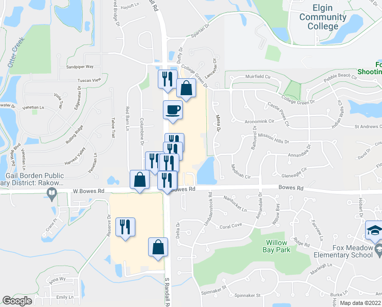 map of restaurants, bars, coffee shops, grocery stores, and more near 825 South Randall Road in Elgin