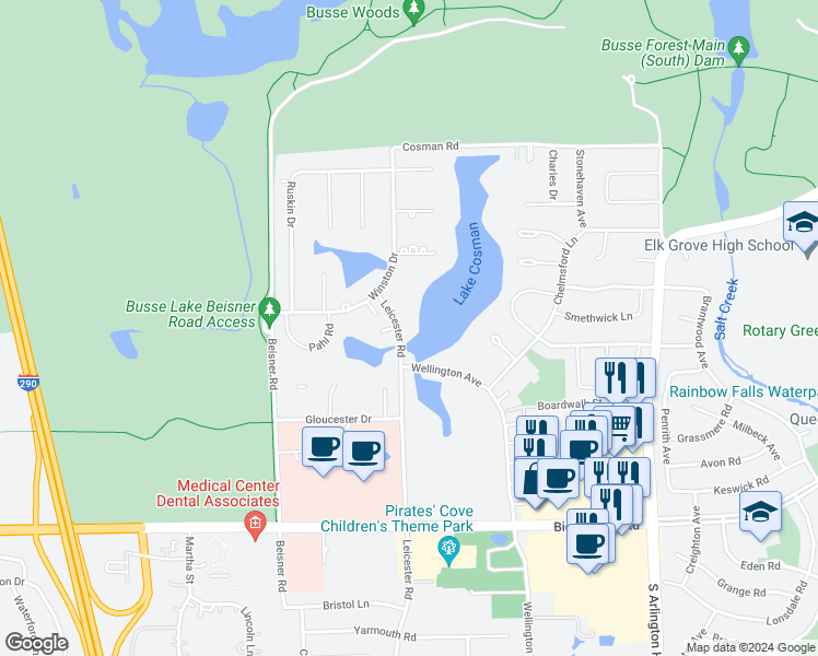map of restaurants, bars, coffee shops, grocery stores, and more near 755 Leicester Road in Elk Grove Village
