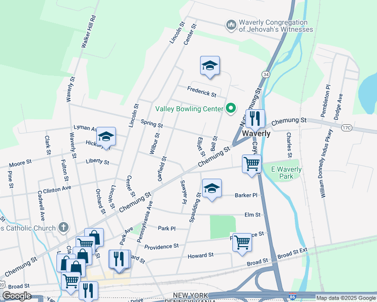 map of restaurants, bars, coffee shops, grocery stores, and more near 4 Cooper St in Waverly