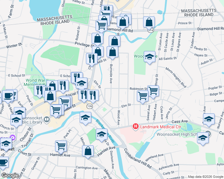 map of restaurants, bars, coffee shops, grocery stores, and more near 127 Burnside Avenue in Woonsocket