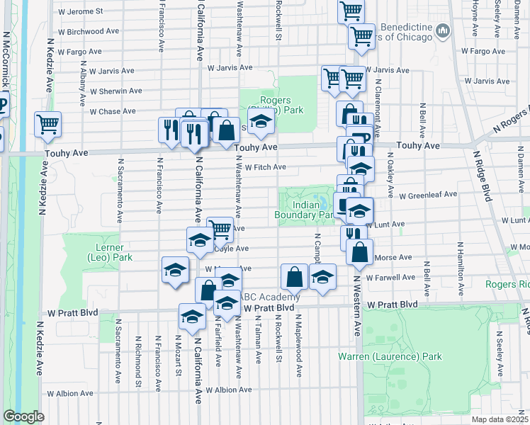 map of restaurants, bars, coffee shops, grocery stores, and more near 2619 West Greenleaf Avenue in Chicago