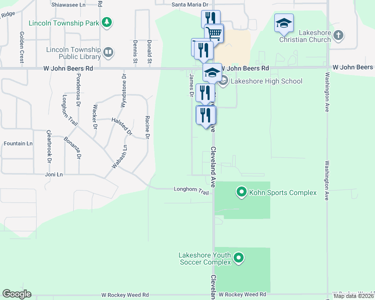 map of restaurants, bars, coffee shops, grocery stores, and more near 5992 James Drive in Stevensville
