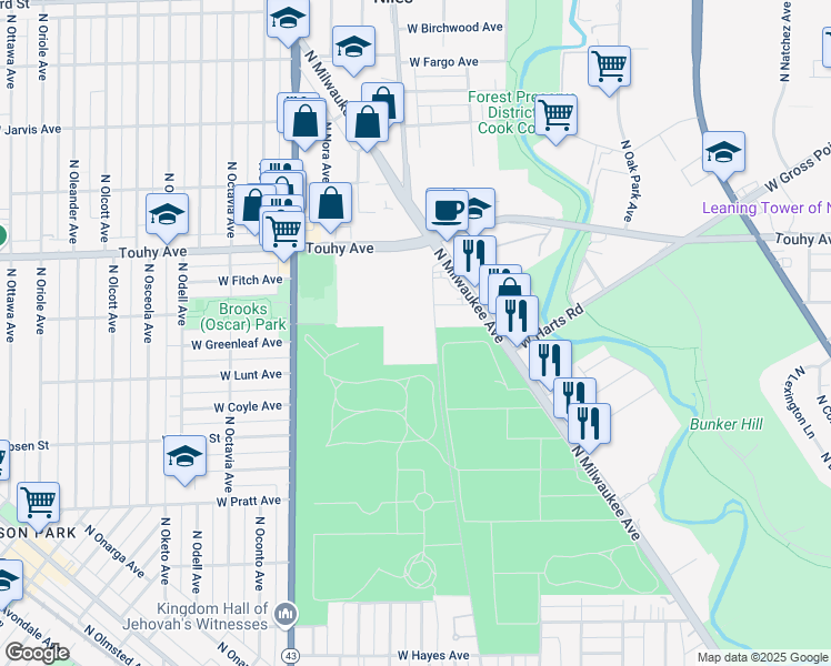 map of restaurants, bars, coffee shops, grocery stores, and more near 7000 North Newark Avenue in Niles