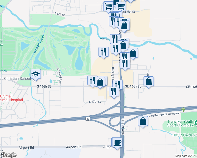 map of restaurants, bars, coffee shops, grocery stores, and more near 1405 Buckeye Avenue in Ames