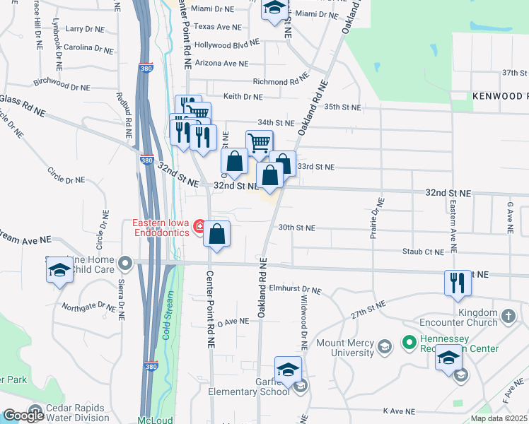 map of restaurants, bars, coffee shops, grocery stores, and more near 3025 Oakland Road Northeast in Cedar Rapids