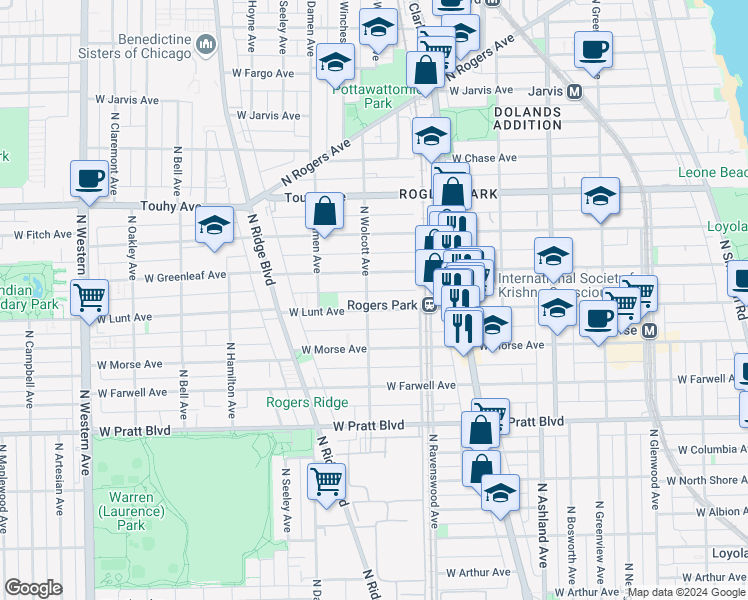 map of restaurants, bars, coffee shops, grocery stores, and more near 7001 North Wolcott Avenue in Chicago