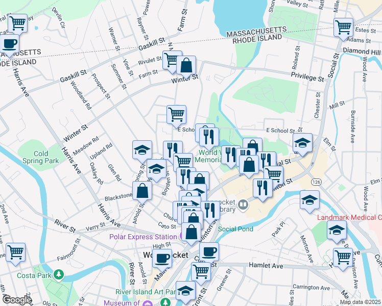 map of restaurants, bars, coffee shops, grocery stores, and more near 110 Daniels Street in Woonsocket