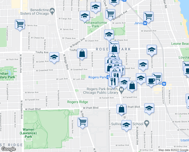 map of restaurants, bars, coffee shops, grocery stores, and more near 7013 North Wolcott Avenue in Chicago