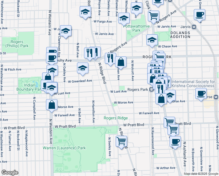 map of restaurants, bars, coffee shops, grocery stores, and more near 2024 West Lunt Avenue in Chicago