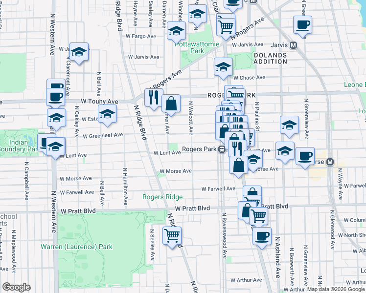 map of restaurants, bars, coffee shops, grocery stores, and more near 1932 West Lunt Avenue in Chicago
