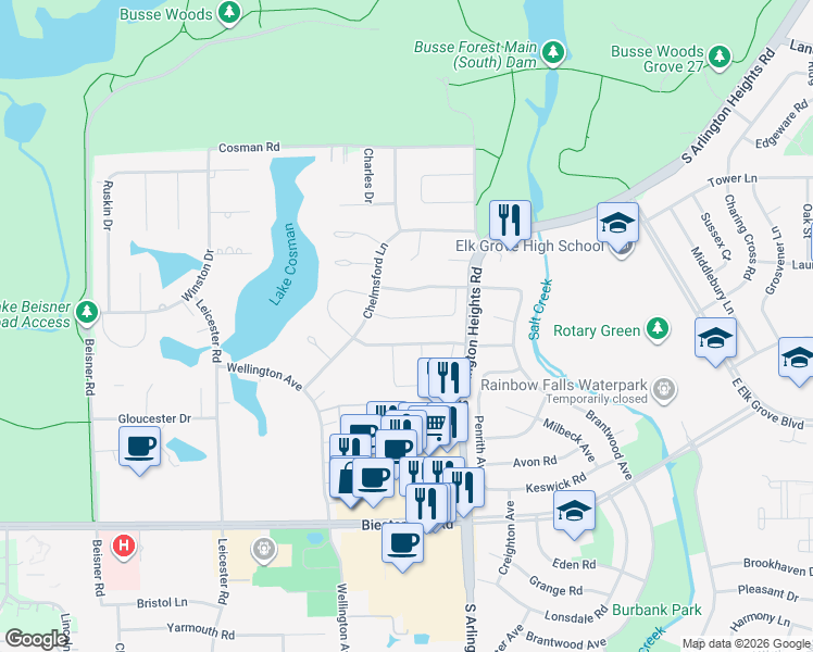 map of restaurants, bars, coffee shops, grocery stores, and more near 197 Smethwick Lane in Elk Grove Village