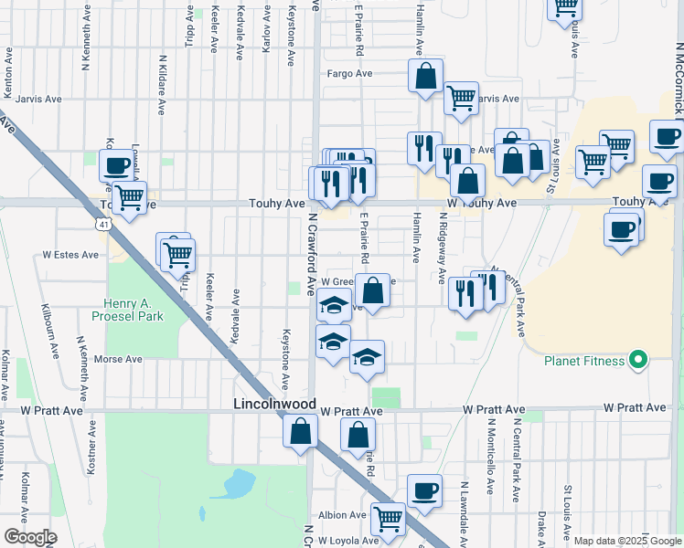 map of restaurants, bars, coffee shops, grocery stores, and more near 3932 West Greenleaf Avenue in Lincolnwood