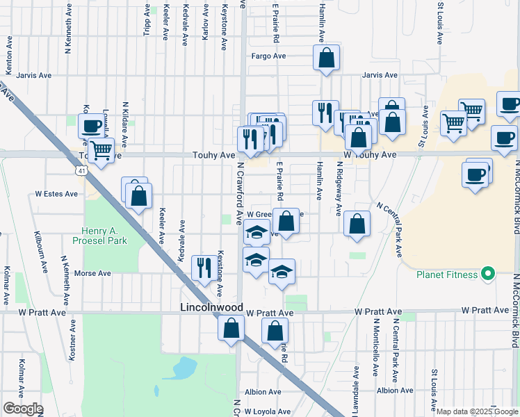map of restaurants, bars, coffee shops, grocery stores, and more near 3932 West Greenleaf Avenue in Lincolnwood