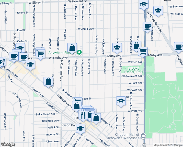 map of restaurants, bars, coffee shops, grocery stores, and more near 7037 North Oriole Avenue in Chicago