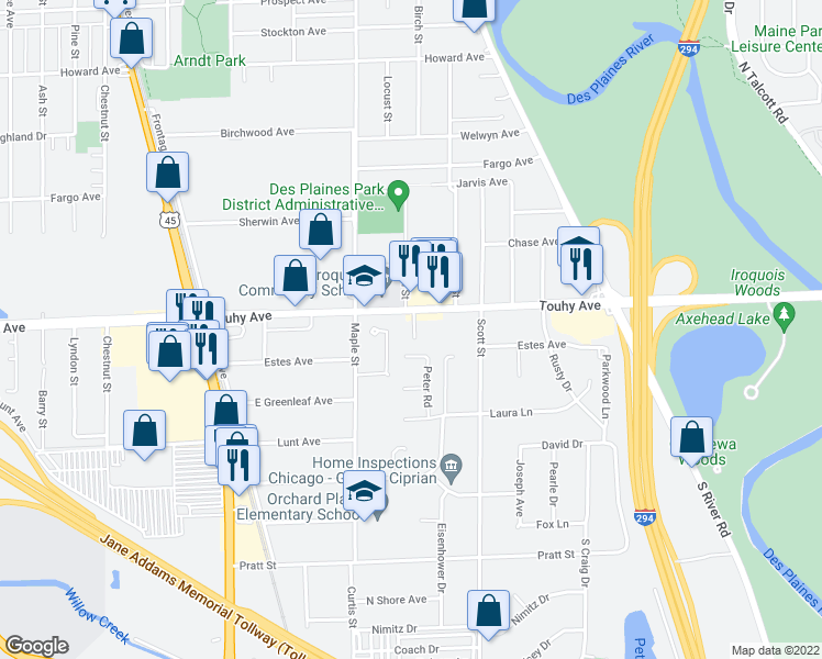 map of restaurants, bars, coffee shops, grocery stores, and more near 2420 Birch Street in Des Plaines