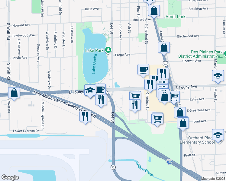 map of restaurants, bars, coffee shops, grocery stores, and more near East Touhy Avenue in Rosemont