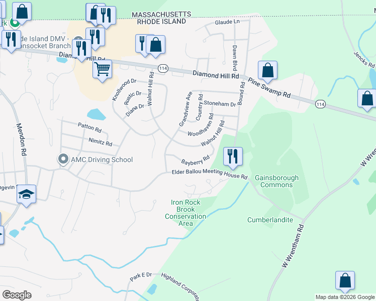 map of restaurants, bars, coffee shops, grocery stores, and more near 146 Bayberry Road in Woonsocket
