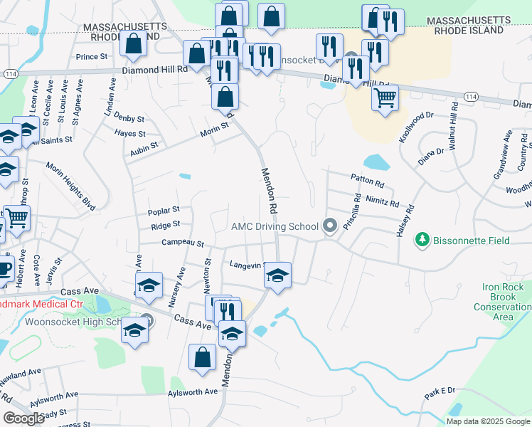 map of restaurants, bars, coffee shops, grocery stores, and more near 147 Papineau Avenue in Woonsocket