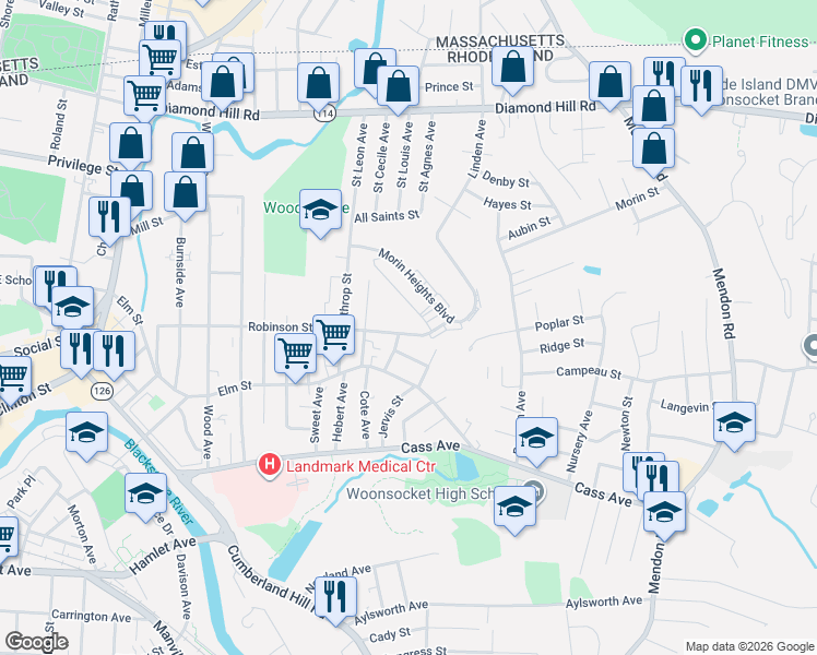 map of restaurants, bars, coffee shops, grocery stores, and more near in Woonsocket