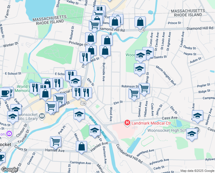map of restaurants, bars, coffee shops, grocery stores, and more near 105 Burnside Avenue in Woonsocket