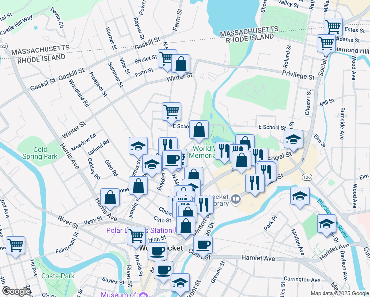 map of restaurants, bars, coffee shops, grocery stores, and more near 110 Daniels Street in Woonsocket