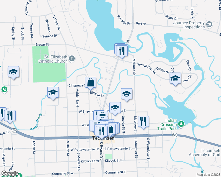 map of restaurants, bars, coffee shops, grocery stores, and more near 409 North Evans Street in Tecumseh
