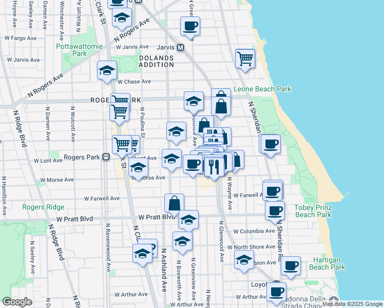 map of restaurants, bars, coffee shops, grocery stores, and more near 1445 West Lunt Avenue in Chicago