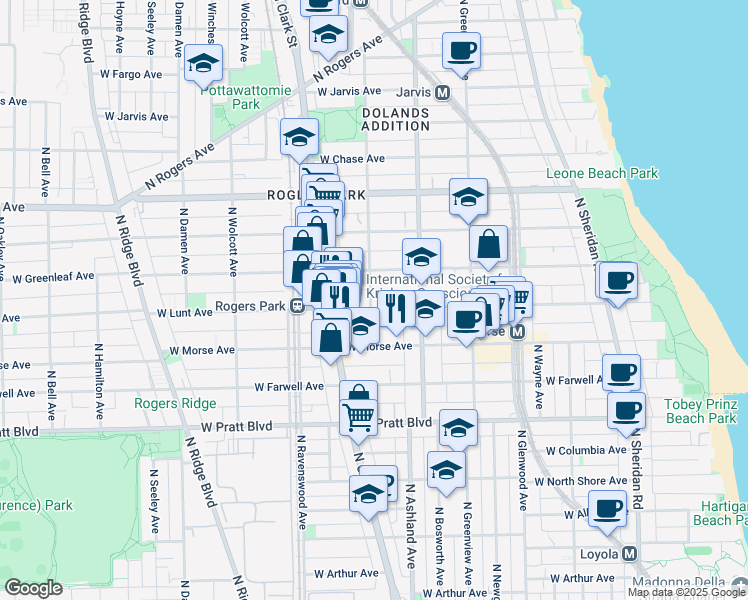 map of restaurants, bars, coffee shops, grocery stores, and more near 1642 West Lunt Avenue in Chicago