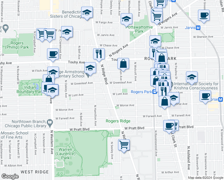 map of restaurants, bars, coffee shops, grocery stores, and more near 2024 West Lunt Avenue in Chicago