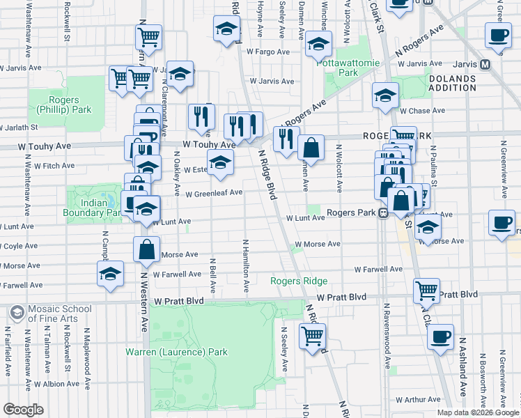 map of restaurants, bars, coffee shops, grocery stores, and more near 7004 North Ridge Boulevard in Chicago