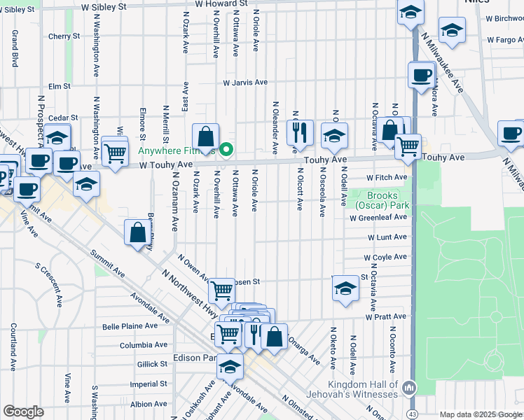 map of restaurants, bars, coffee shops, grocery stores, and more near 7037 North Oriole Avenue in Chicago