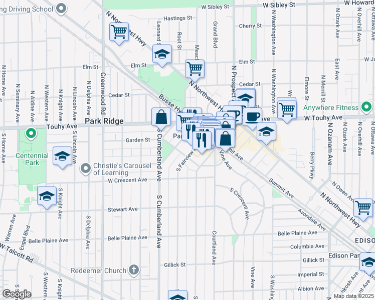 map of restaurants, bars, coffee shops, grocery stores, and more near 809 Garden Street in Park Ridge