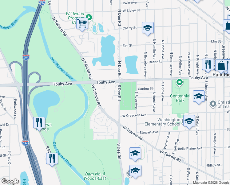 map of restaurants, bars, coffee shops, grocery stores, and more near 70B South Dee Road in Park Ridge