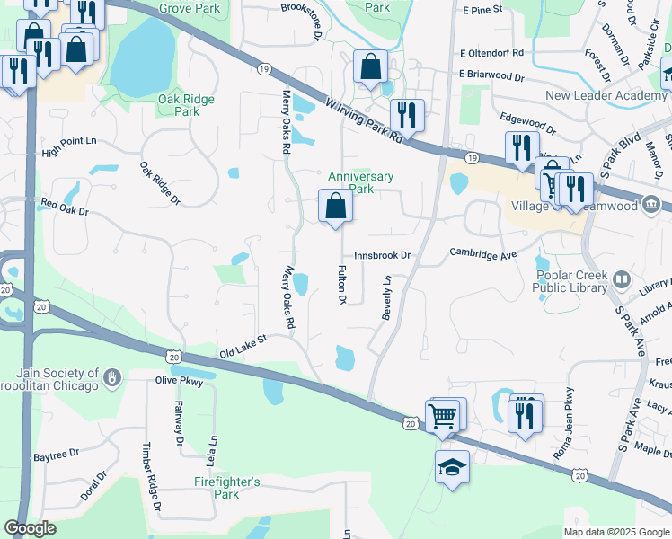 map of restaurants, bars, coffee shops, grocery stores, and more near 1131 Fulton Drive in Streamwood