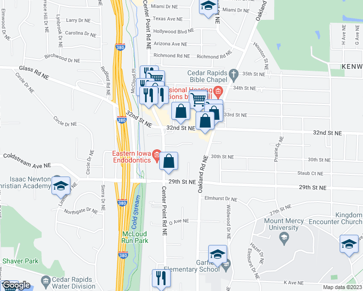 map of restaurants, bars, coffee shops, grocery stores, and more near 2956 Center Point Road Northeast in Cedar Rapids