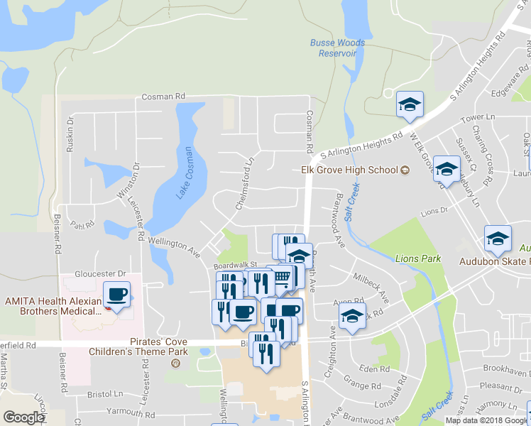 map of restaurants, bars, coffee shops, grocery stores, and more near 197 Smethwick Lane in Elk Grove Village