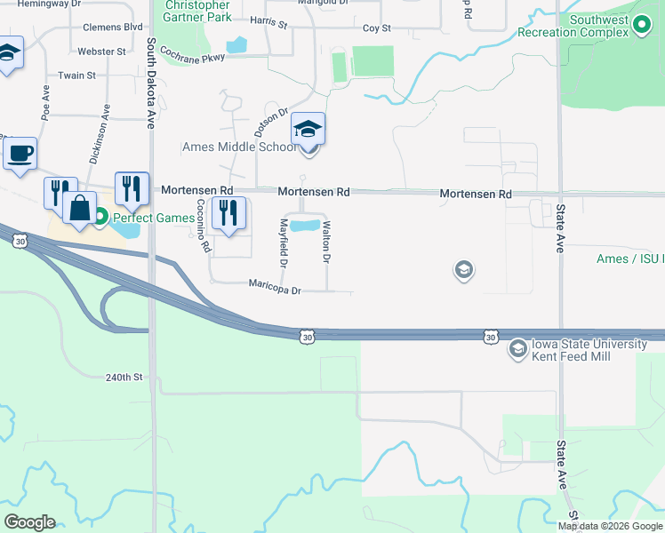 map of restaurants, bars, coffee shops, grocery stores, and more near 1422 Walton Drive in Ames
