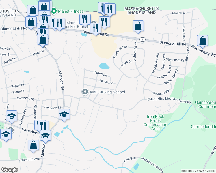map of restaurants, bars, coffee shops, grocery stores, and more near 205 Marshall Road in Woonsocket