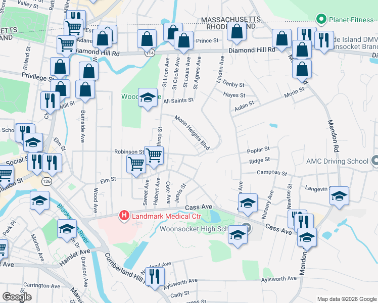 map of restaurants, bars, coffee shops, grocery stores, and more near in Woonsocket