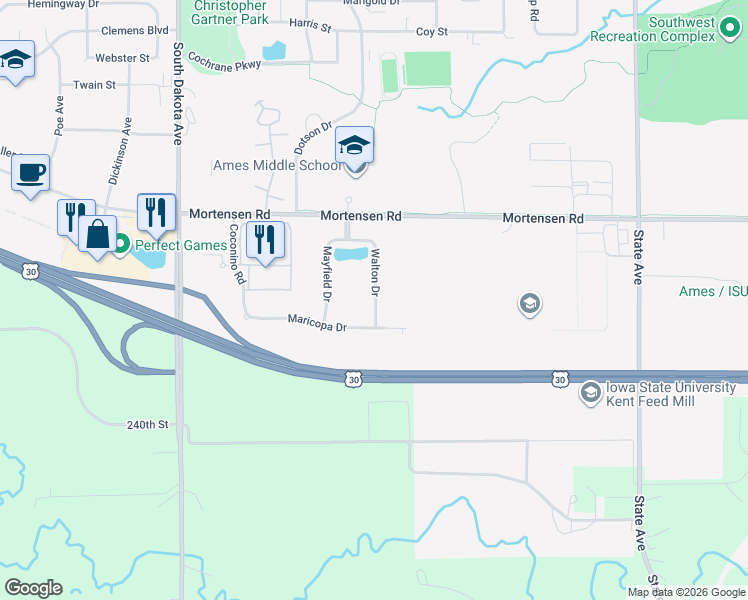 map of restaurants, bars, coffee shops, grocery stores, and more near 1419 Walton Drive in Ames