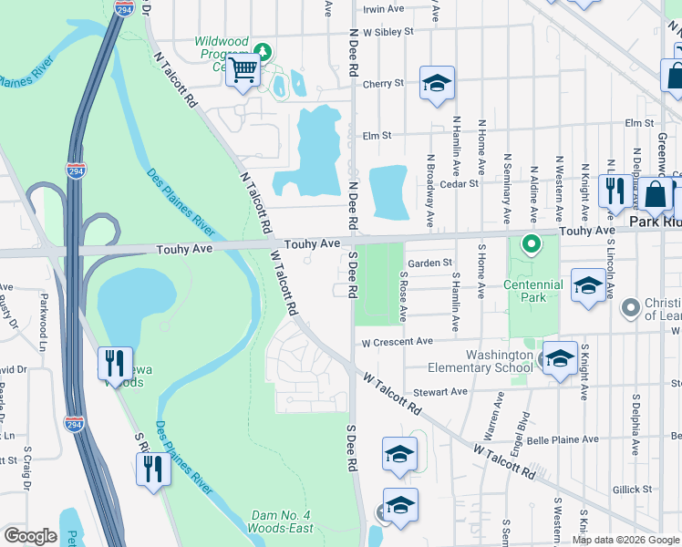 map of restaurants, bars, coffee shops, grocery stores, and more near 70B South Dee Road in Park Ridge