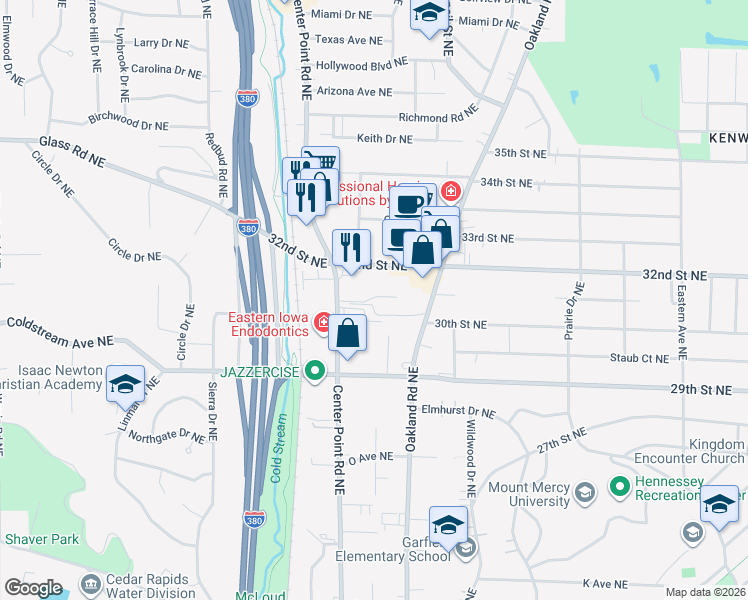 map of restaurants, bars, coffee shops, grocery stores, and more near 2956 Center Point Road Northeast in Cedar Rapids